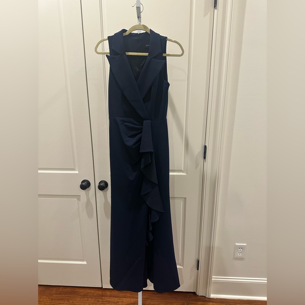 Betsy & Adam dress Candace long v neck high low cascade navy size 6 - Picture 4 of 7